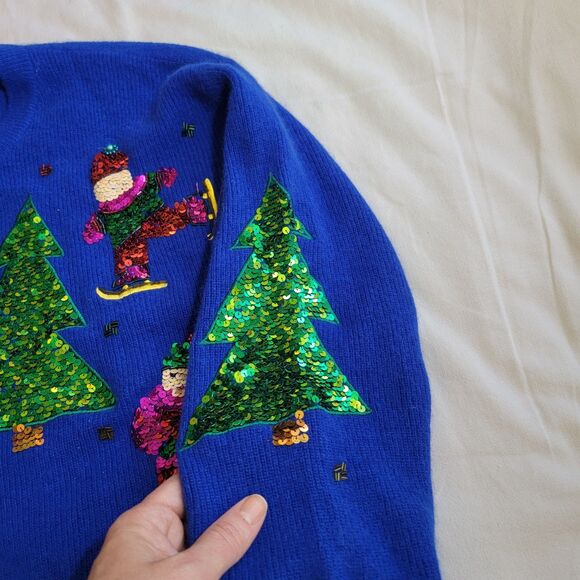 VTG Marisa Christina Classics Lambswool Angora Christmas Sequin Cardigan Blue S - Picture 15 of 16